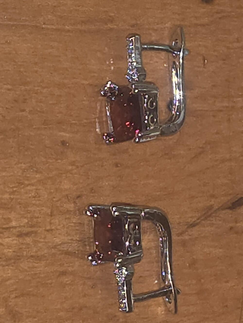 Silver Tone Red Stone Leverback Earrings